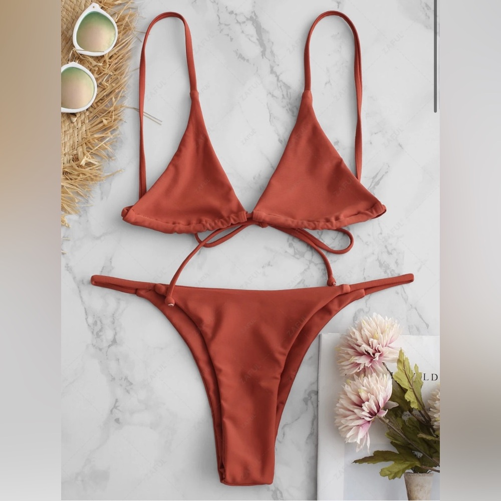 Women’s Zaful Orange Salmon Bikini Set - Bralette &  String Thong Bikini